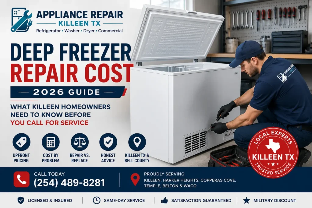 Certified technician checking a residential deep freezer before giving a repair cost in a Killeen TX home